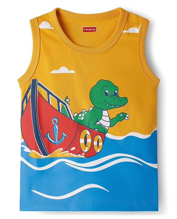 Babyhug Single Jersey Knit Sleeveless T-Shirt & Shorts Set with Dino Print - Yellow & Blue