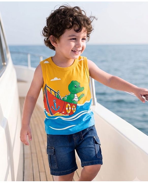 Babyhug Single Jersey Knit Sleeveless T-Shirt & Shorts Set with Dino Print - Yellow & Blue