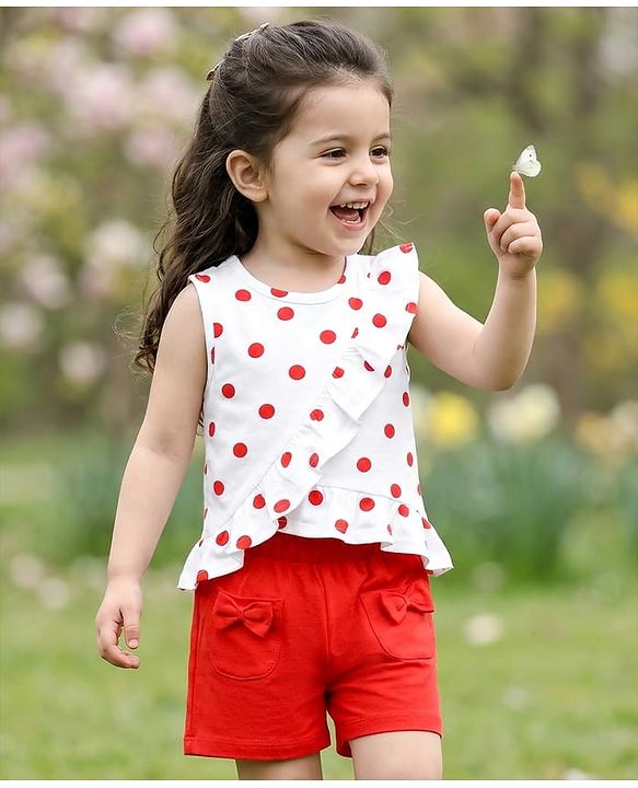 Babyhug Single Jersey Knit Sleeveless Top & Shorts Set with Polka Dot Print & Bow Applique - White & Red