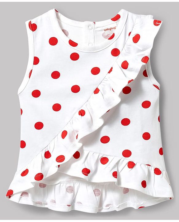 Babyhug Single Jersey Knit Sleeveless Top & Shorts Set with Polka Dot Print & Bow Applique - White & Red