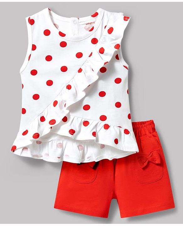 Babyhug Single Jersey Knit Sleeveless Top & Shorts Set with Polka Dot Print & Bow Applique - White & Red