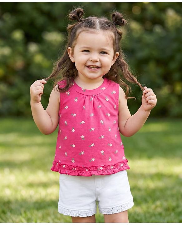 Babyhug Single Jersey Knit Sleeveless Floral Printed Top & Shorts Set - Pink & White