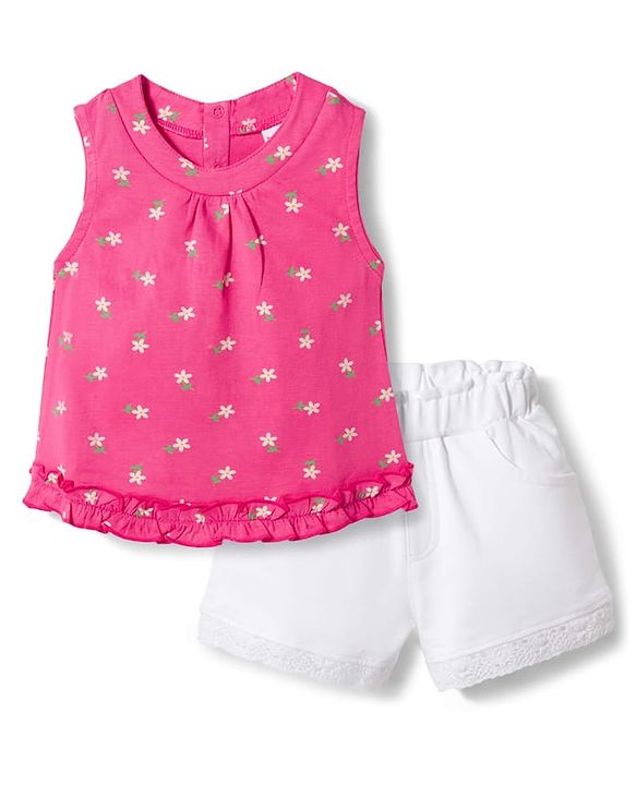 Babyhug Single Jersey Knit Sleeveless Floral Printed Top & Shorts Set - Pink & White