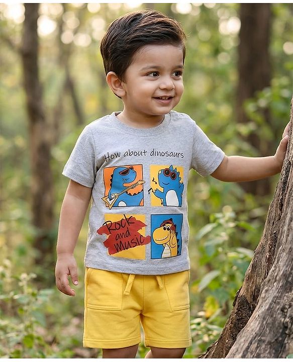 Babyhug Single Jersey Knit Half Sleeves T-Shirt & Shorts Set with Dino Print - Yellow