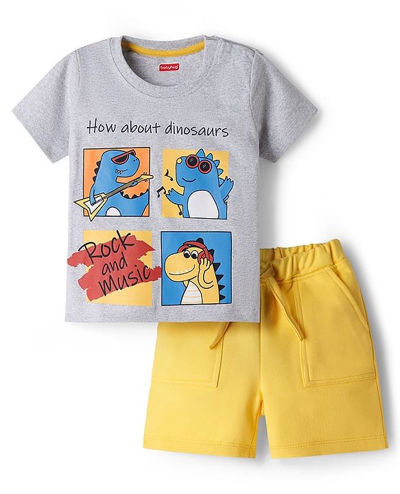 Babyhug Single Jersey Knit Half Sleeves T-Shirt & Shorts Set with Dino Print - Yellow