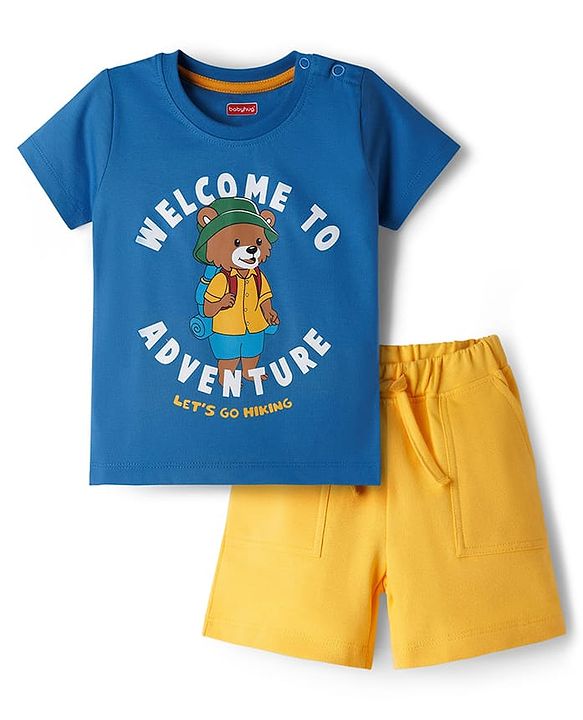 Babyhug Single Jersey Knit Half Sleeves T-Shirt & Shorts Set with Adventure Print - Blue & Yellow