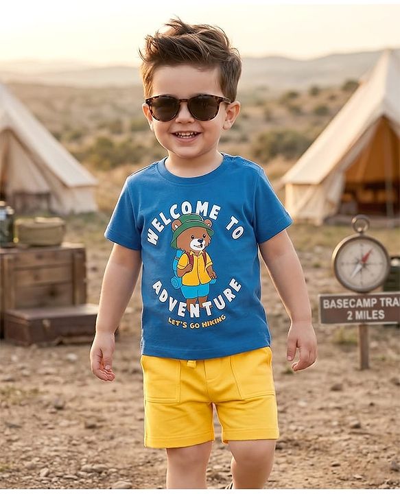 Babyhug Single Jersey Knit Half Sleeves T-Shirt & Shorts Set with Adventure Print - Blue & Yellow