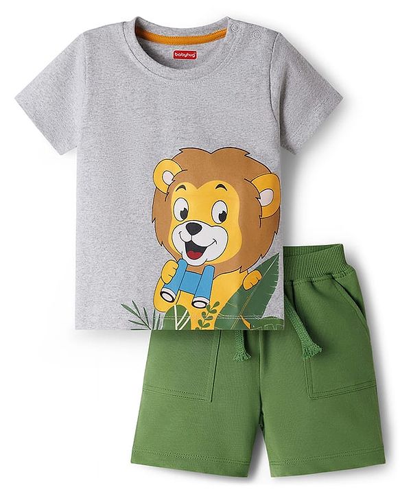 Babyhug Single Jersey Knit Half Sleeves T-Shirt & Shorts Set with Lion Print - Green