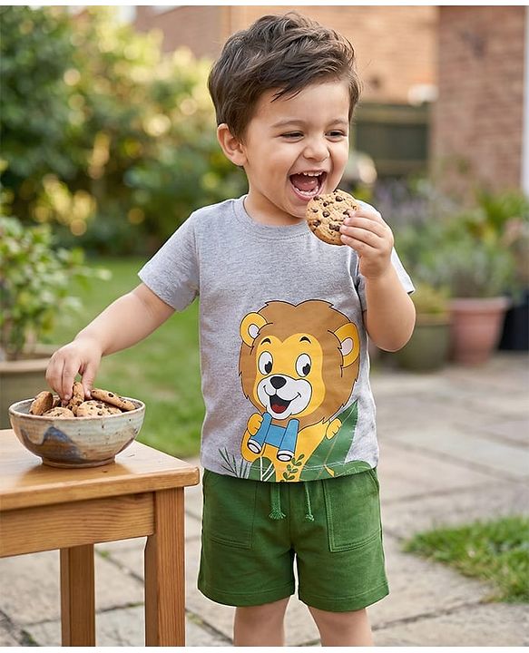Babyhug Single Jersey Knit Half Sleeves T-Shirt & Shorts Set with Lion Print - Green