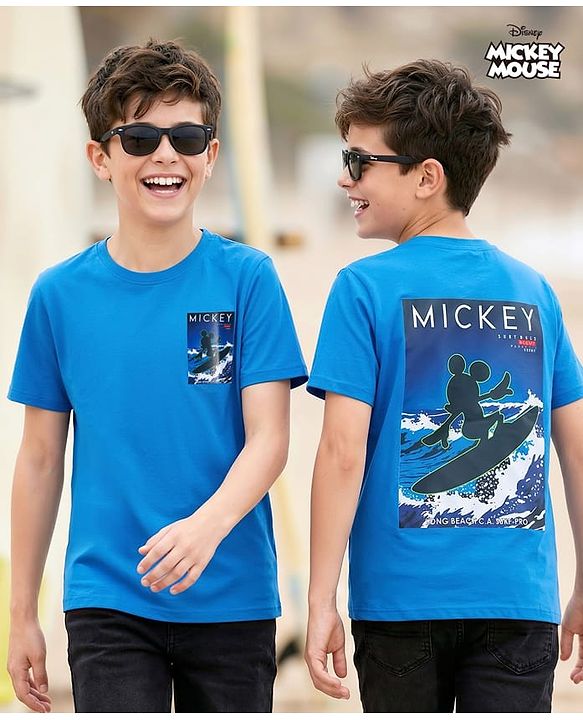 Pine Kids Disney Single Jersey Knit Half Sleeves T-Shirt with Front & Back Mickey Mouse Graphic - Blue