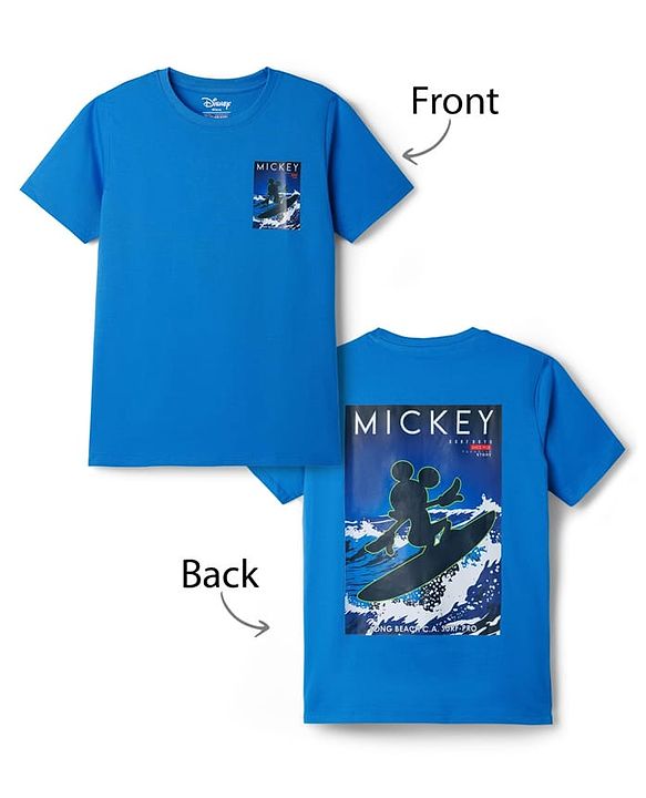 Pine Kids Disney Single Jersey Knit Half Sleeves T-Shirt with Front & Back Mickey Mouse Graphic - Blue