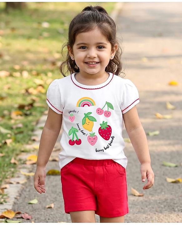 Babyhug Single Jersey Knit Half Puffed Sleeves Top & Shorts Set with Fruit Embroidery - Red & White