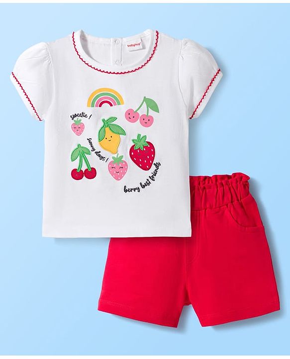 Babyhug Single Jersey Knit Half Puffed Sleeves Top & Shorts Set with Fruit Embroidery - Red & White