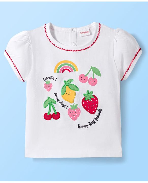 Babyhug Single Jersey Knit Half Puffed Sleeves Top & Shorts Set with Fruit Embroidery - Red & White