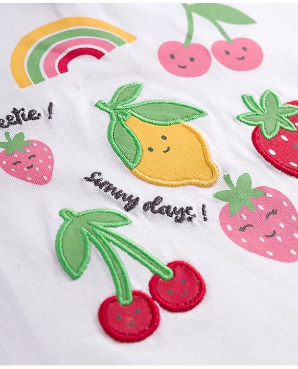 Babyhug Single Jersey Knit Half Puffed Sleeves Top & Shorts Set with Fruit Embroidery - Red & White