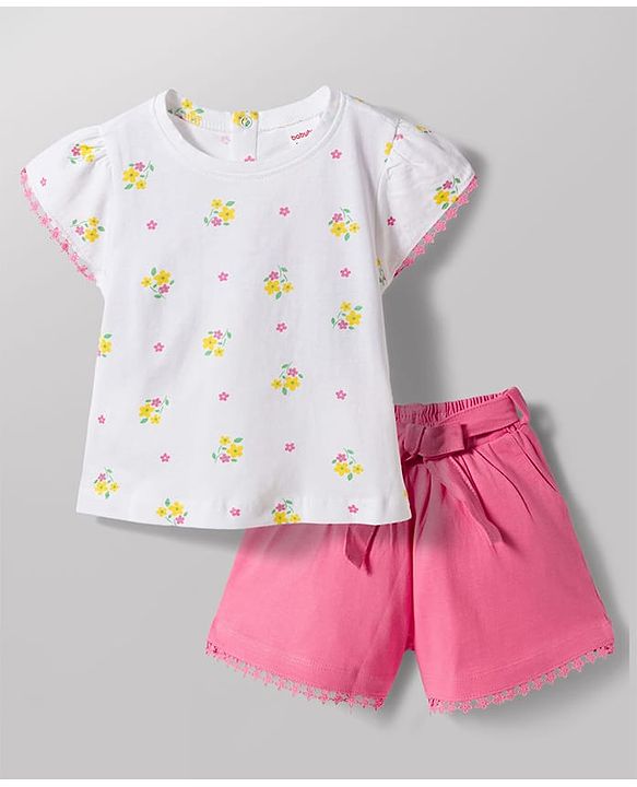 Babyhug Single Jersey Knit Sleeveless Floral Printed Top & Shorts Set with Belt - Pink & White
