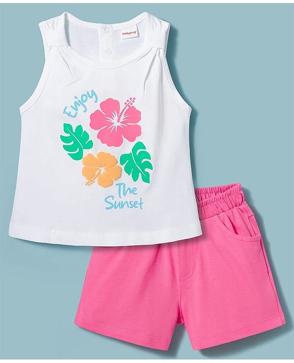 Babyhug Single Jersey Knit Sleeves Tank Top & Shorts Set with Floral Print - Pink & White