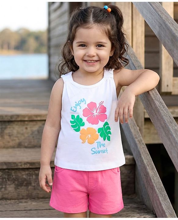 Babyhug Single Jersey Knit Sleeves Tank Top & Shorts Set with Floral Print - Pink & White