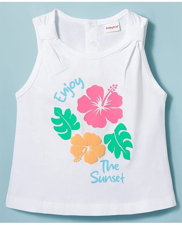 Babyhug Single Jersey Knit Sleeves Tank Top & Shorts Set with Floral Print - Pink & White