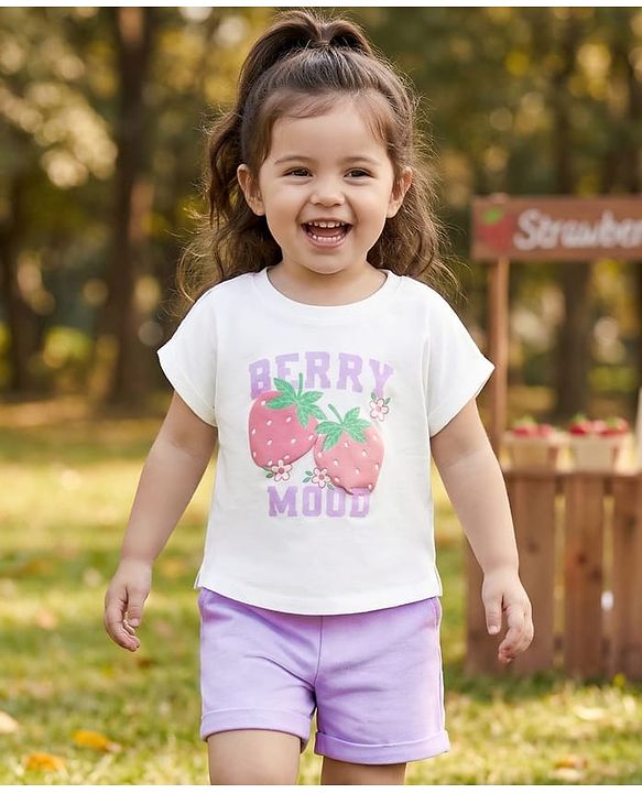Babyhug Single Jersey Knit Half Sleeves Top & Shorts Set with Berry Mood Print - White & Lavender