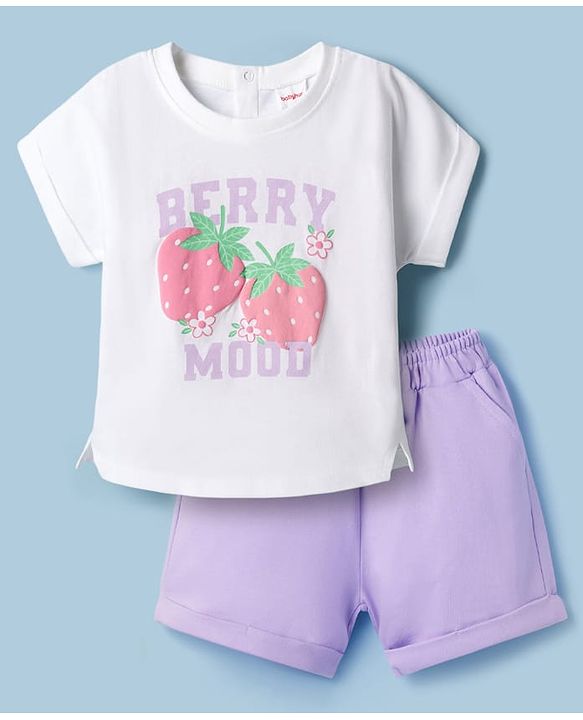 Babyhug Single Jersey Knit Half Sleeves Top & Shorts Set with Berry Mood Print - White & Lavender