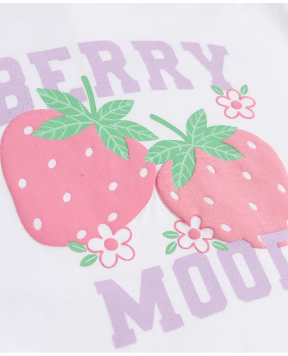 Babyhug Single Jersey Knit Half Sleeves Top & Shorts Set with Berry Mood Print - White & Lavender