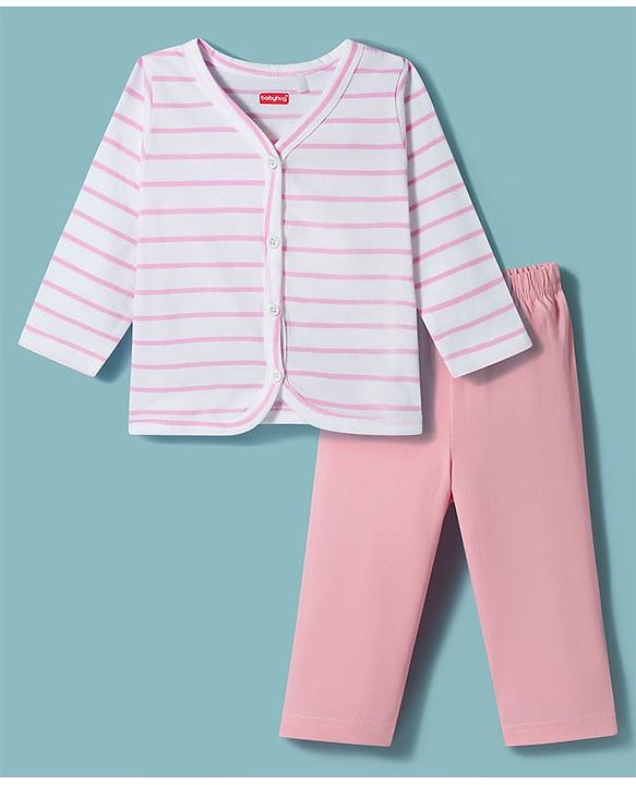Babyhug Single Jersey Knit Full Sleeves Top & Leggings Set with Stripes - Pink