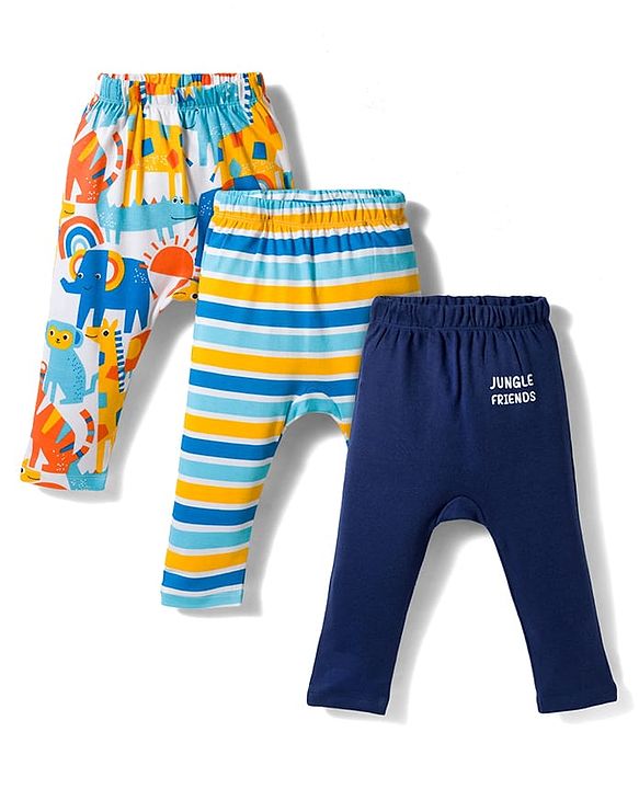 Babyhug Interlock Knit Full Length Striped & Animal Printed Diaper Leggings Pack of 3 - Multicolor