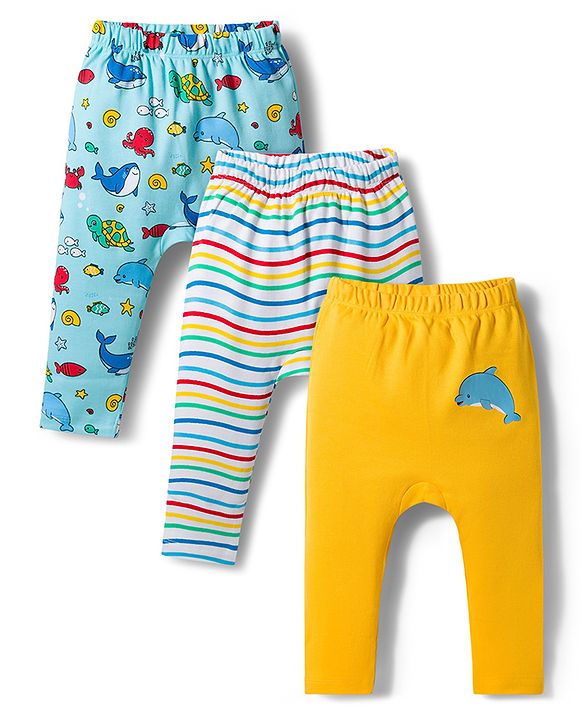 Babyhug Interlock Knit Full Length Sea Life Printed Diaper Leggings Pack Of 3 - Multicolour