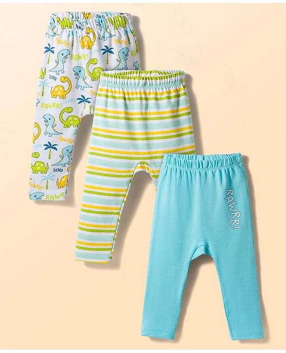 Babyhug Interlock Knit Full Length Striped & Dino Printed Diaper Leggings Pack of 3 - Multicolor