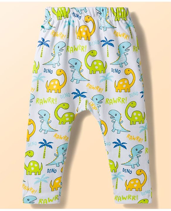 Babyhug Interlock Knit Full Length Striped & Dino Printed Diaper Leggings Pack of 3 - Multicolor