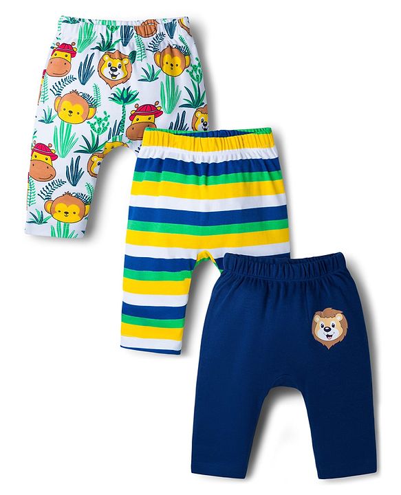 Babyhug Interlock Knit Full Length Diaper Leggings with Jungle Theme Print & Stripes Pack of 3 - Multicolor