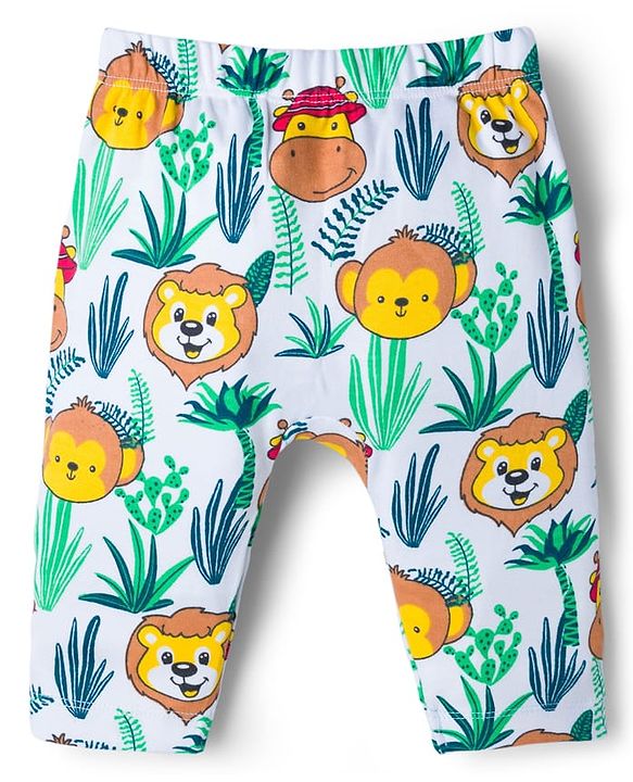 Babyhug Interlock Knit Full Length Diaper Leggings with Jungle Theme Print & Stripes Pack of 3 - Multicolor