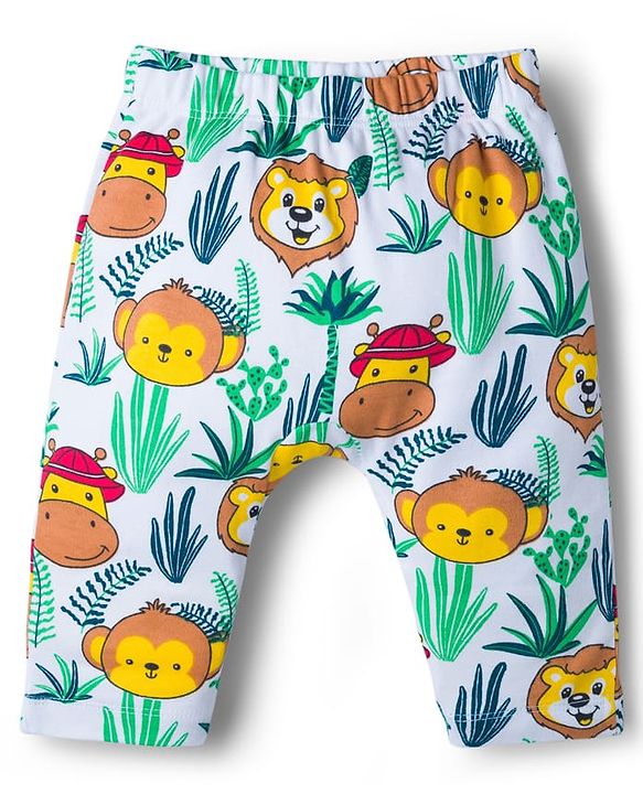 Babyhug Interlock Knit Full Length Diaper Leggings with Jungle Theme Print & Stripes Pack of 3 - Multicolor