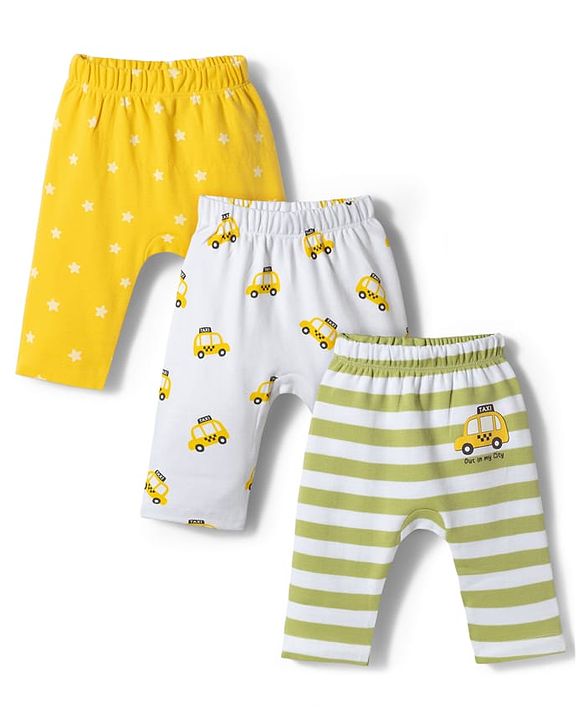 Babyhug Cotton Knit Full Length  Diaper Leggings With Taxi Print Pack of 3 - Multicolor