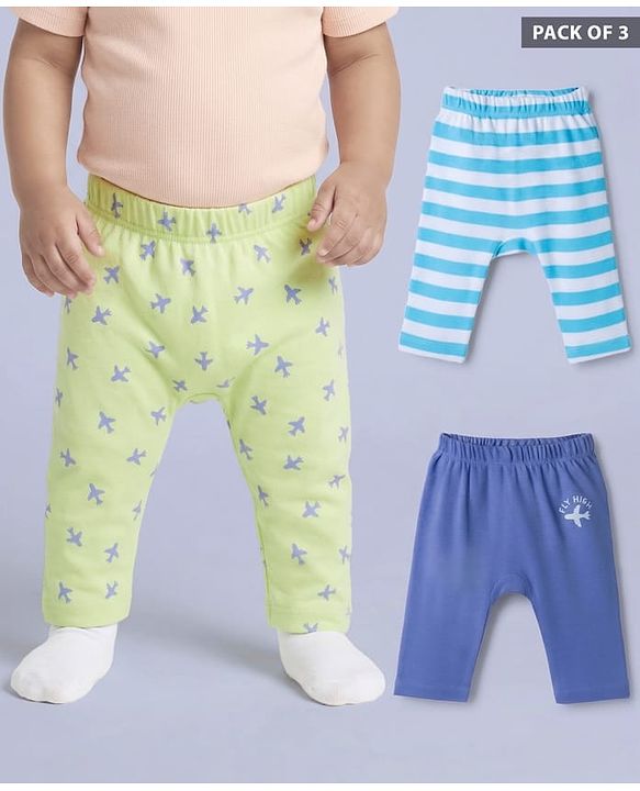 Babyhug 100% Cotton Interlock Knit Full Length Diaper Leggings with Airplane Print & Stripes Pack of 3 - Multicolor