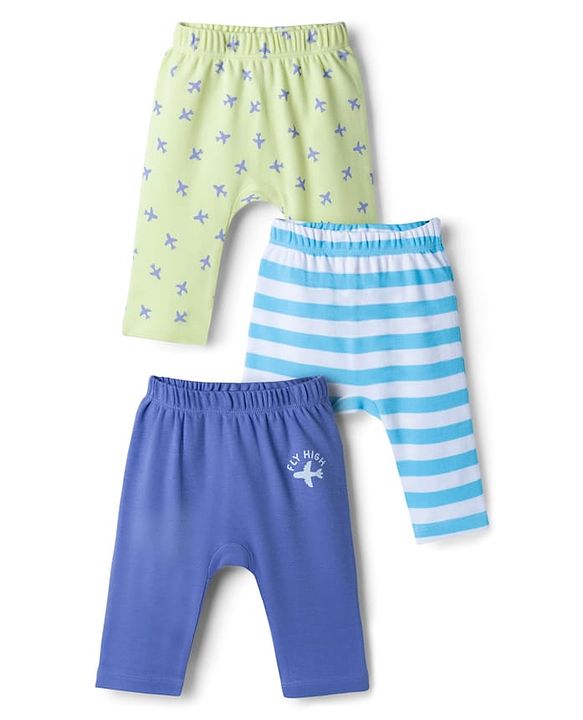 Babyhug 100% Cotton Interlock Knit Full Length Diaper Leggings with Airplane Print & Stripes Pack of 3 - Multicolor