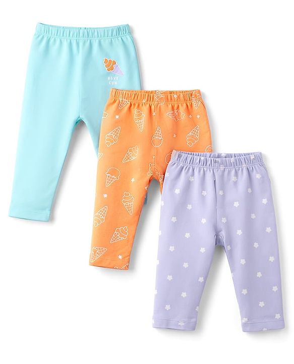 Babyhug Interlock Knit Full Length Star & Ice Cream Printed Diaper Leggings Pack of 3 - Multicolor