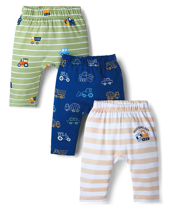 Babyhug Interlock Knit Full Length Diaper Leggings with Vehicle Print & Stripes Pack of 3 - Multicolor