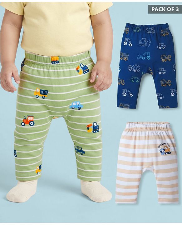 Babyhug Interlock Knit Full Length Diaper Leggings with Vehicle Print & Stripes Pack of 3 - Multicolor