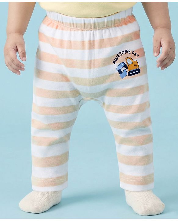 Babyhug Interlock Knit Full Length Diaper Leggings with Vehicle Print & Stripes Pack of 3 - Multicolor