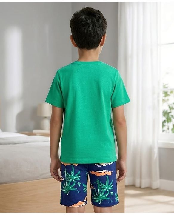 Pine Kids Cotton Knit Half Sleeves T-Shirt & Shorts Night Suit With Tree Print - Green