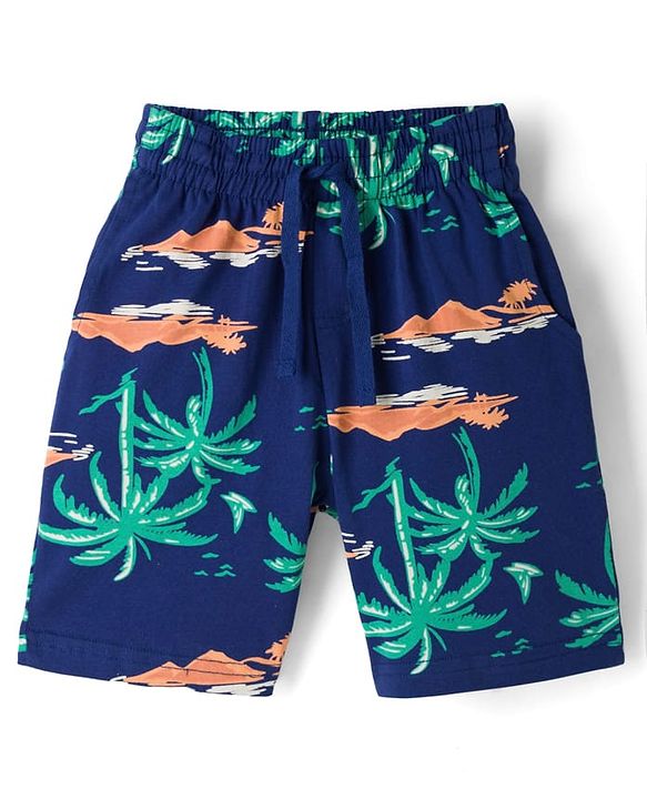 Pine Kids Cotton Knit Half Sleeves T-Shirt & Shorts Night Suit With Tree Print - Green