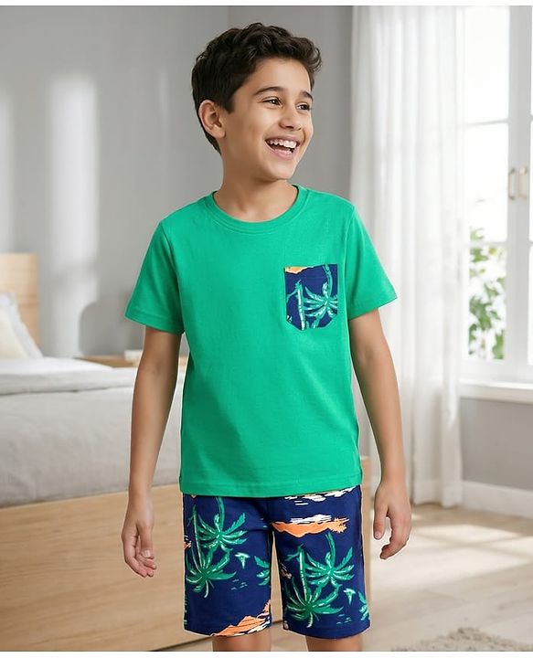 Pine Kids Cotton Knit Half Sleeves T-Shirt & Shorts Night Suit With Tree Print - Green