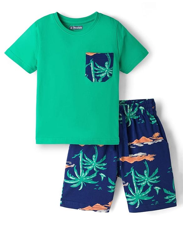 Pine Kids Cotton Knit Half Sleeves T-Shirt & Shorts Night Suit With Tree Print - Green