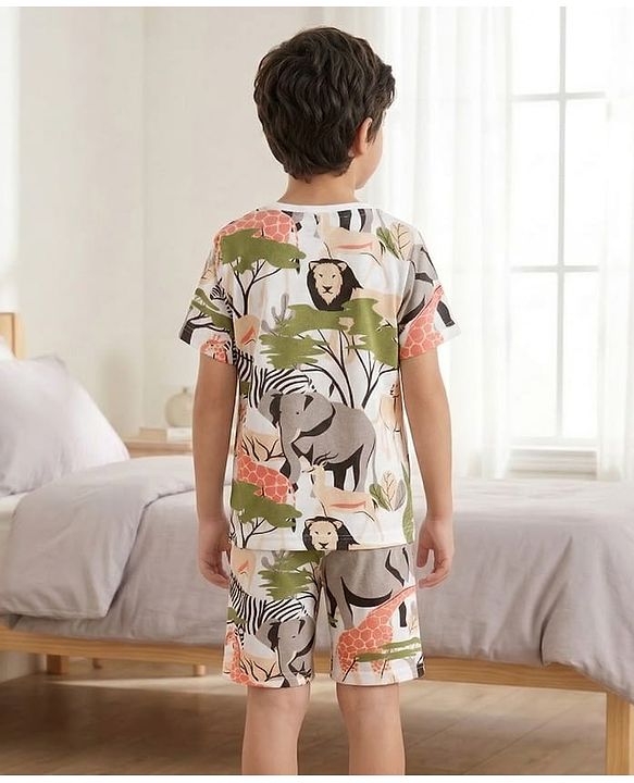 Pine Kids Cotton Knit Half Sleeves Co-ords T-Shirt & Shorts Night Suit with Jungle Theme Print - White