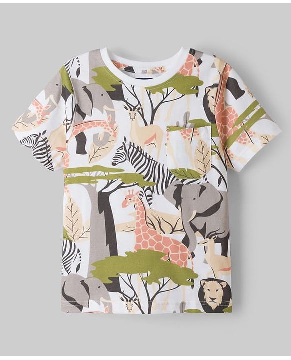 Pine Kids Cotton Knit Half Sleeves Co-ords T-Shirt & Shorts Night Suit with Jungle Theme Print - White