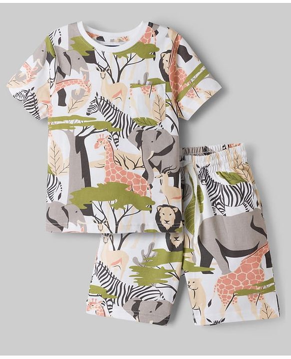 Pine Kids Cotton Knit Half Sleeves Co-ords T-Shirt & Shorts Night Suit with Jungle Theme Print - White