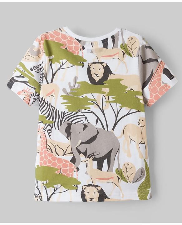 Pine Kids Cotton Knit Half Sleeves Co-ords T-Shirt & Shorts Night Suit with Jungle Theme Print - White