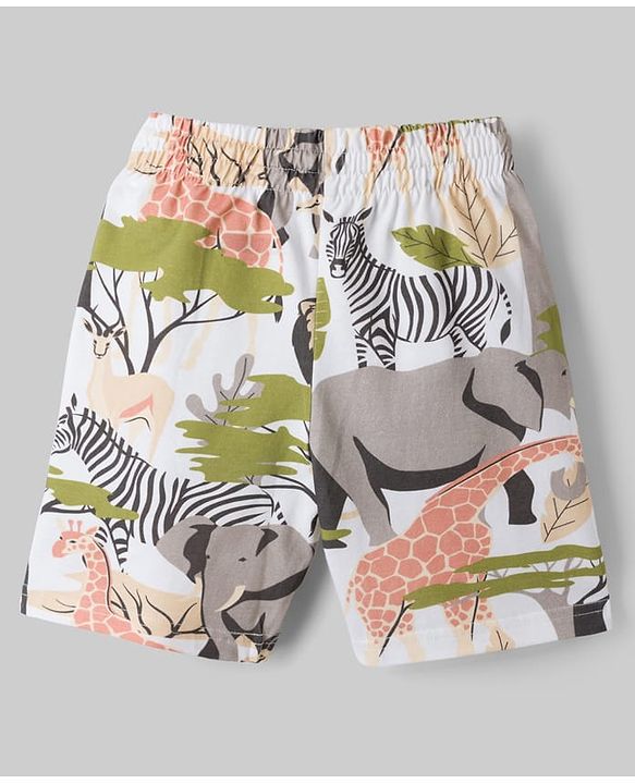 Pine Kids Cotton Knit Half Sleeves Co-ords T-Shirt & Shorts Night Suit with Jungle Theme Print - White